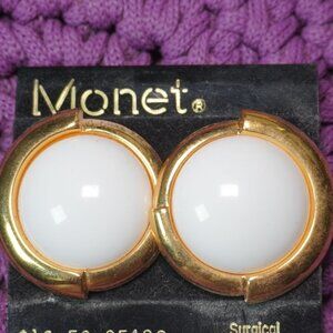 Monet Womens White And Gold Round Circular Surgical Steel Vintage Earrings